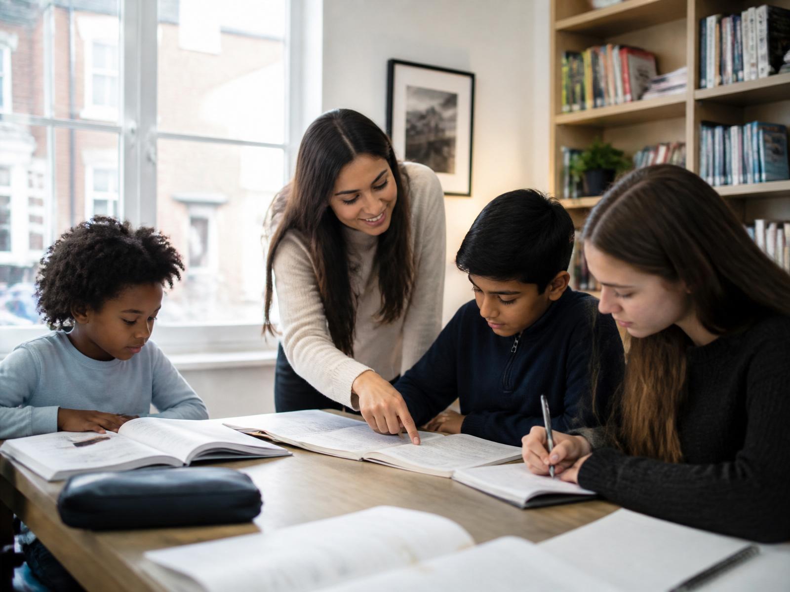 A tutor helping a diverse group of primary and secondary students at Super Tutor Hub