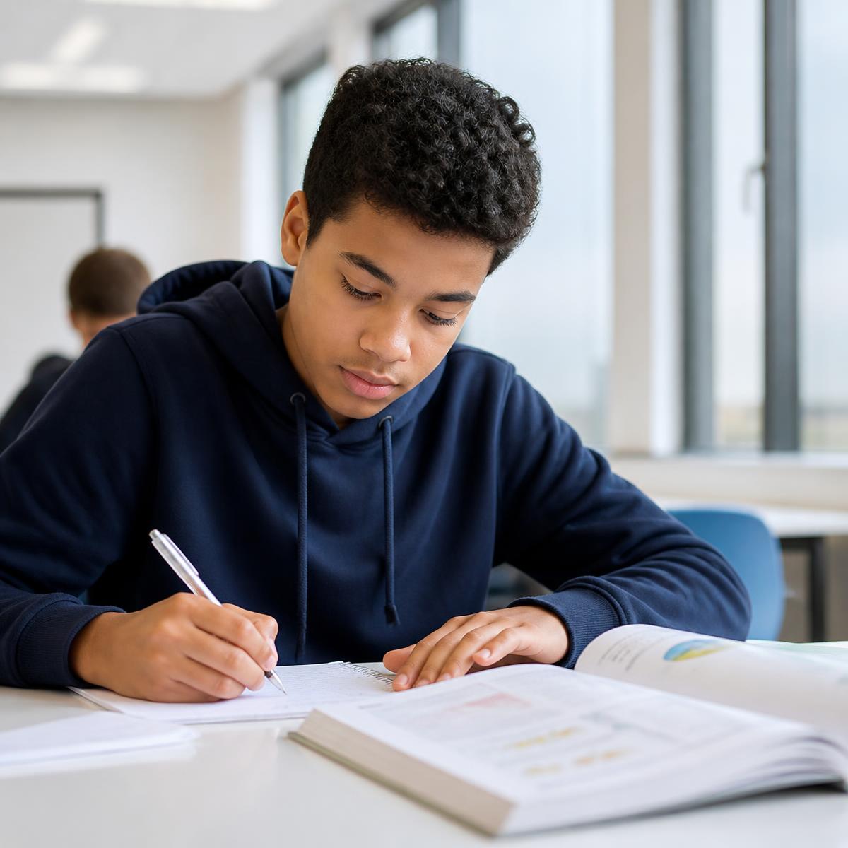 Secondary school student studying at a tuition centre desk